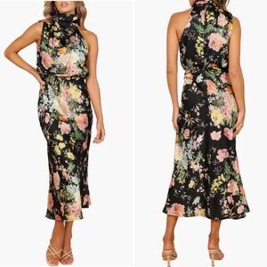 NWT Petal & Pup Anabelle Funnel Neck Satin Midi Dress Black Floral $100 M